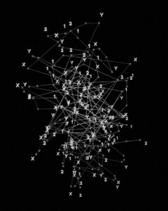 A complex network of lines connecting points labeled with X, Y, 1, and 2